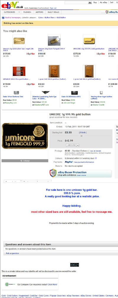 truckinhell's eBay Listing Using our Umicore 1g Gold Bar Photographs
